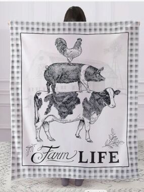 Farm Animals Soft Throw Blanket Cottagecore Farmhouse Country Rooster Cow